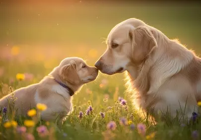 Golden Hour Affection: Puppy and Dog in Sunset Meadow