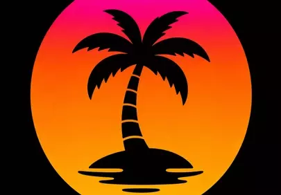 Vibrant Neon Sunset: Tropical Palm Island Silhouette