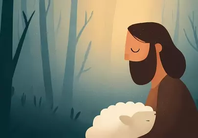 Divine Solitude: Jesus Embracing a Lamb in a Tranquil Forest