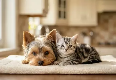 Adorably Cozy: Yorkie Puppy and Tabby Kitten Napping Together