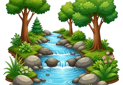 Vibrant Cartoon Forest Stream: A Peaceful Nature Landscape