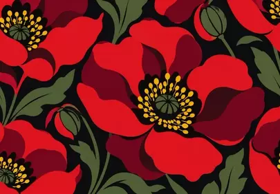 Dramatic Red Poppy Floral Pattern on Dark Background