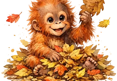 Adorable Baby Orangutan Joyfully Playing in Autumn Leaves