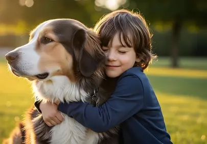 Heartwarming Sunset Hug: Boy and Dog Embrace in Golden Light