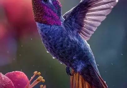 Vibrant Hummingbird Feeding on Dew-Kissed Blossom