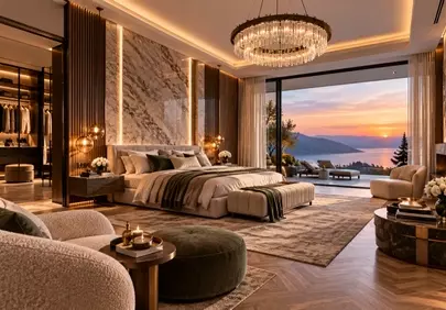 Breathtaking Sunset Luxury: A Bedroom Oasis with Panoramic Sea Views