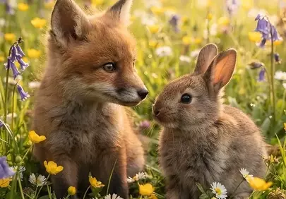 Enchanting Sunset Companions: Fox Kit and Bunny in Wildflower Meadow