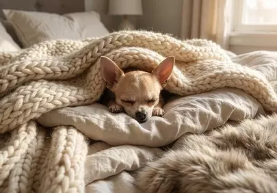 Adorably Snug Chihuahua Dreaming Sweetly Under Knitted Comfort