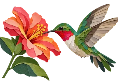Vibrant Paper Art: Hummingbird Sips from Hibiscus Blossom