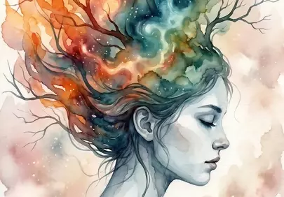 Cosmic Bloom: Ethereal Woman Embracing Universal Thoughts