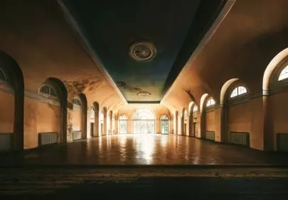 Majestic Grand Hall: Arched Windows & Ornate Ceiling