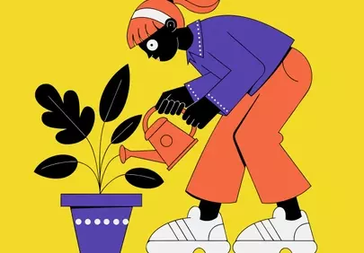 Vibrant Vintage Garden: Cartoon Girl Watering Plant