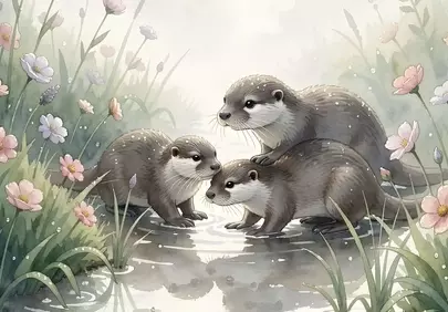 Enchanting Watercolor: Otters' Gentle Family Moment in Nature