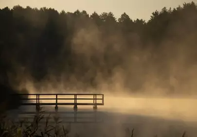 Enchanting Misty Morning: Golden Hues Over a Serene Lake