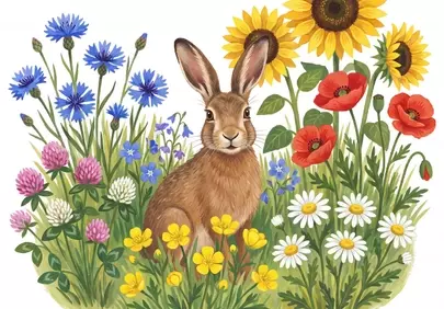 Charming Watercolor Rabbit Amidst Vibrant Wildflowers