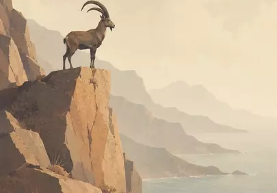 Majestic Ibex on Misty Coastal Cliffs: A Symphony of Solitude