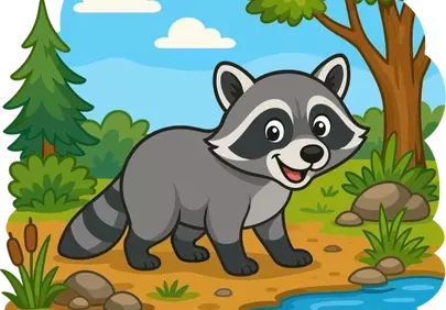 Charming Cartoon Raccoon: Forest Fun by the Stream