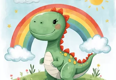 Charming Cartoon Dinosaur Under a Vibrant Rainbow