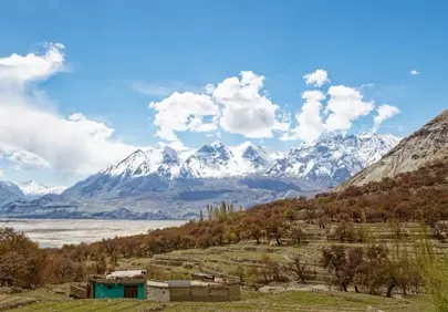 Majestic Karakoram Panorama: Serene Valley and Snowy Peaks