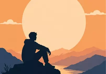 Stunning Sunset Serenity: Man Meditating by Mountain River