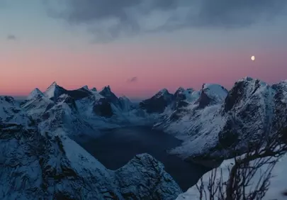 Breathtaking Arctic Fjord Sunset with Crescent Moon