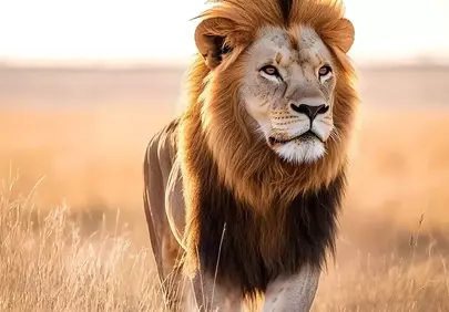 Majestic Lion's Sunset Stroll on Golden Savanna