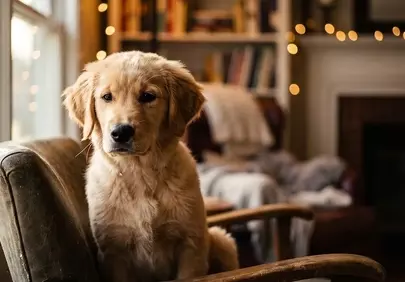 Adorable Golden Retriever Puppy Portrait in a Cozy Home