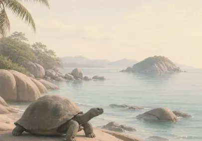 Serene Shoreline: Giant Tortoise on Tropical Paradise