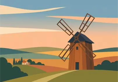 Charming Dutch Countryside Sunset with Traditional Windmill