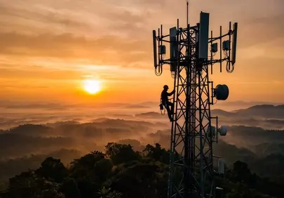 Silhouette of Technician on Telecom Tower at Fiery Sunset