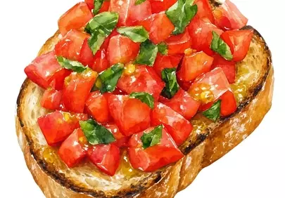 Vibrant Bruschetta: Fresh Tomato & Basil Watercolor