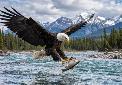 Majestic Bald Eagle Catches Fish in Mountain Wilderness