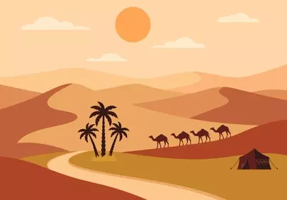 Enchanting Desert Sunset: Camels and Oasis Adventure