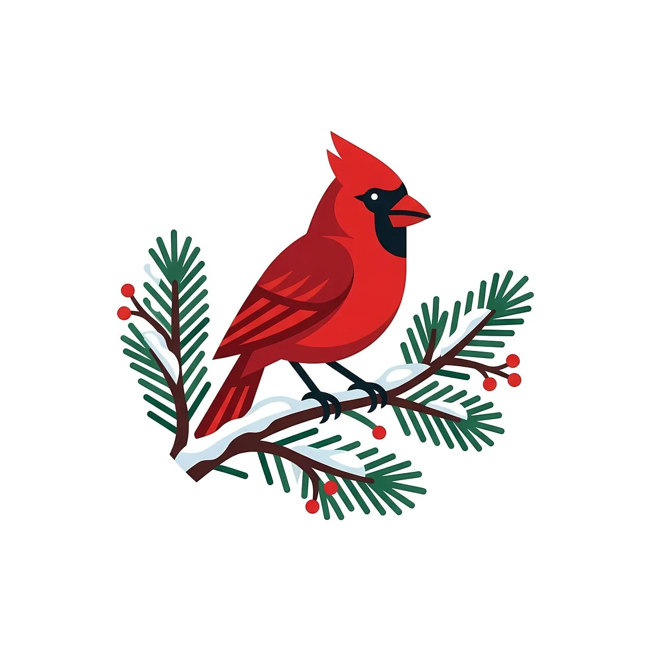 Vibrant Red Cardinal Perched on Snowy Evergreen Branch