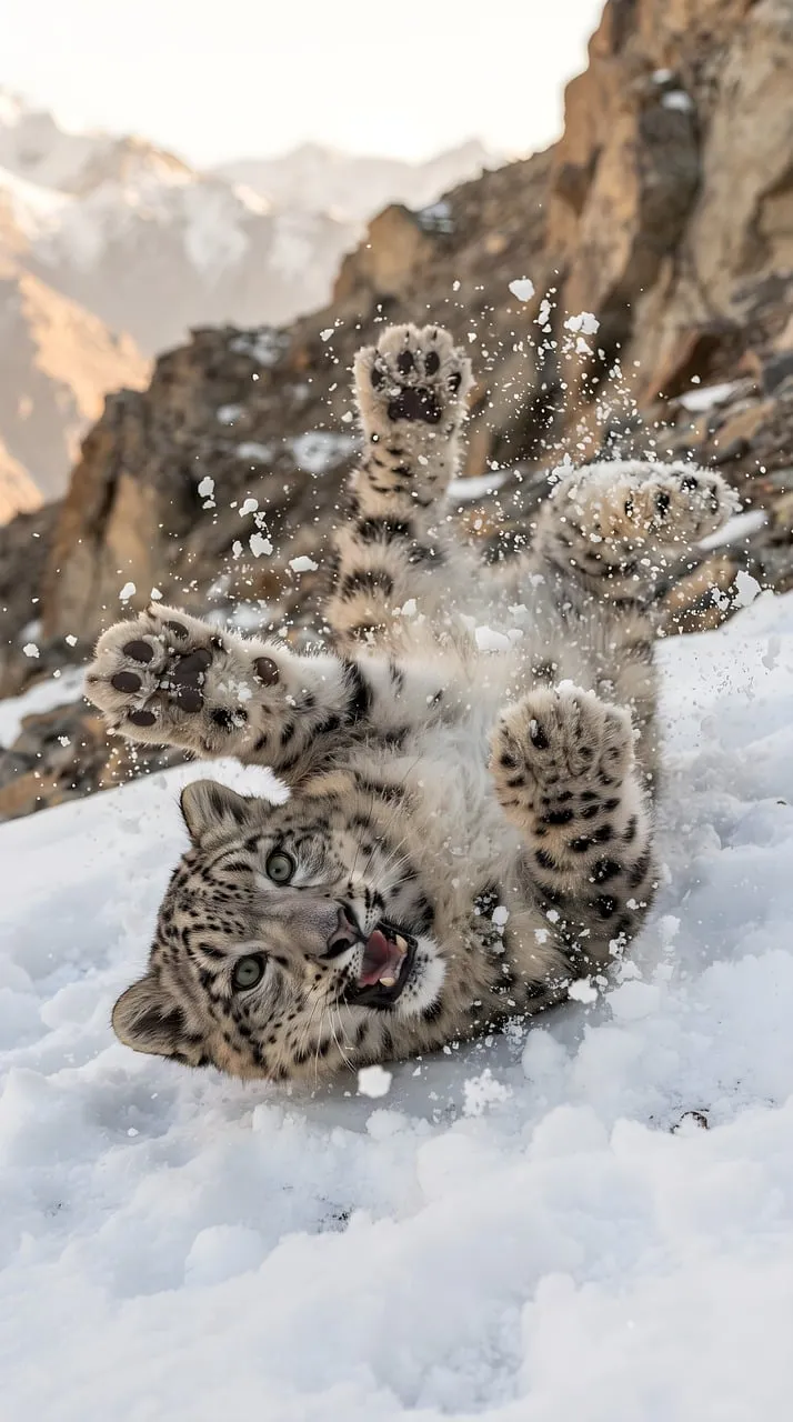 Playful Snow Leopard Cub: Joyful Winter Frolics in the Himalayas