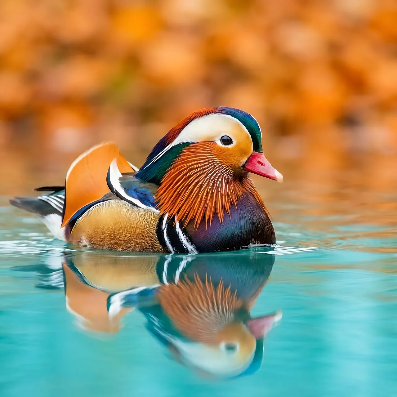 Exotic Mandarin Duck Gliding on Calm Autumn Lake