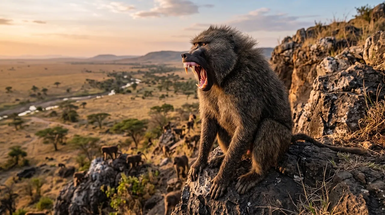 Dramatic Sunset Baboon: Fierce Guardian of the Savannah Peak