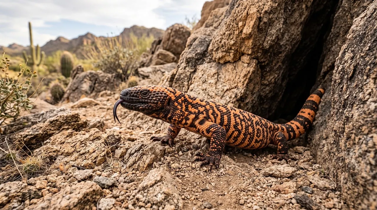 Vivid Gila Monster Emerges from Desert Biotope