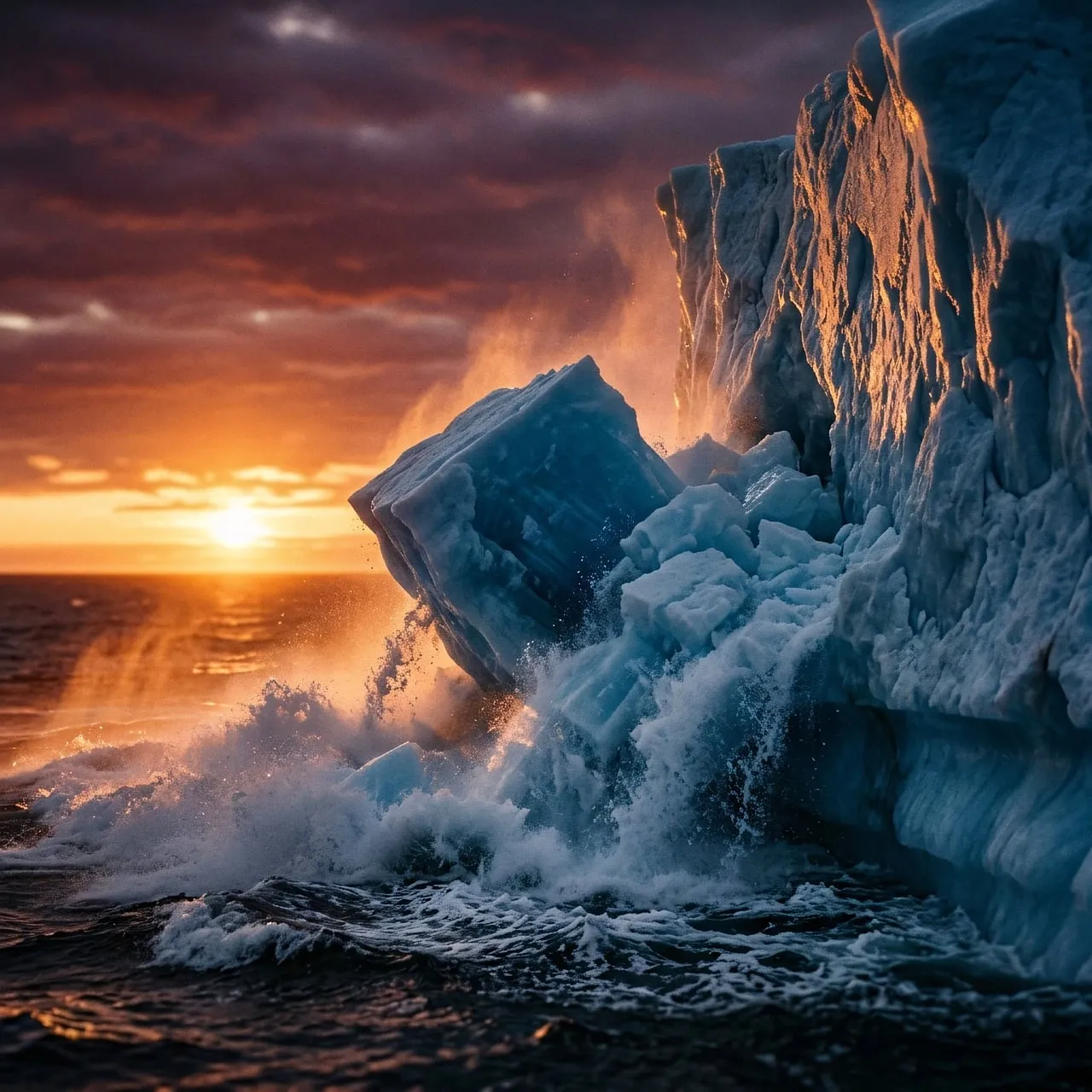 Dramatic Arctic Sunset: Majestic Iceberg Under Fiery Sky