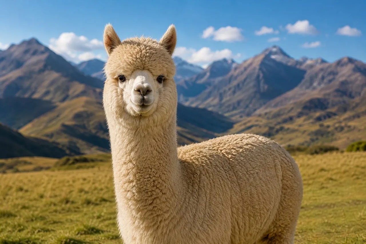 Majestic Alpaca Portrait: Fluffy Farm Animal in Mountain Serenity