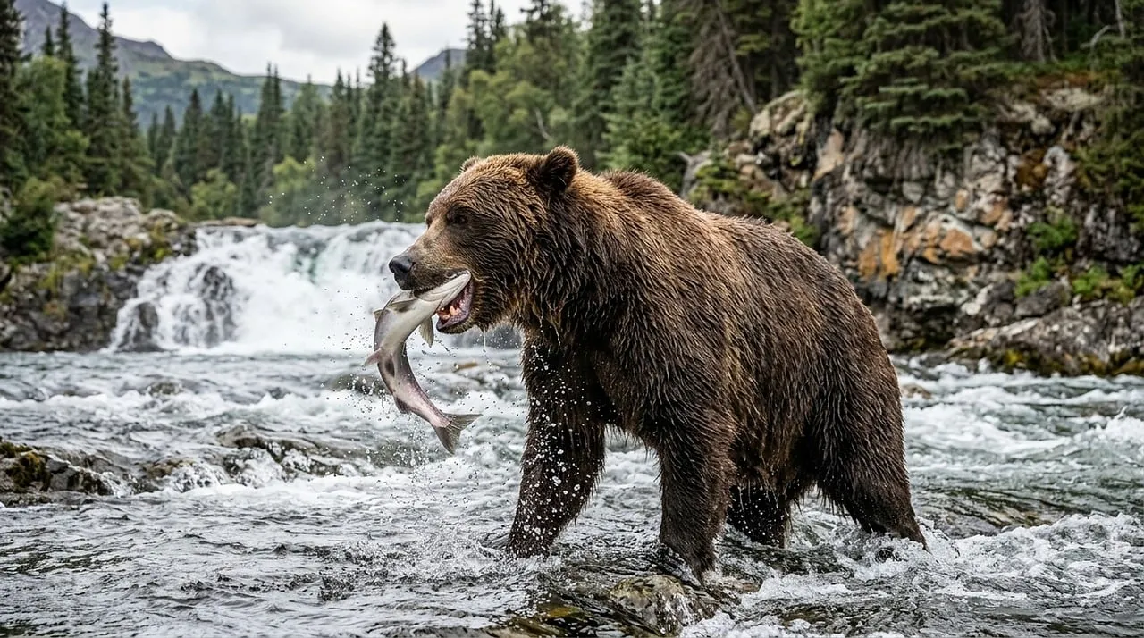 Majestic Grizzly Catches Salmon in Alaskan Wilderness River