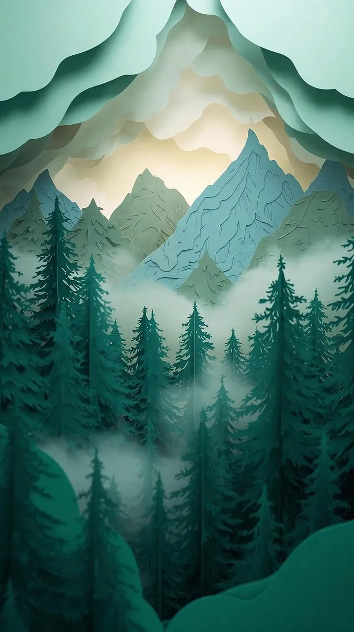 Enchanting Alpine Mist: A Layered Forest Landscape Illustration