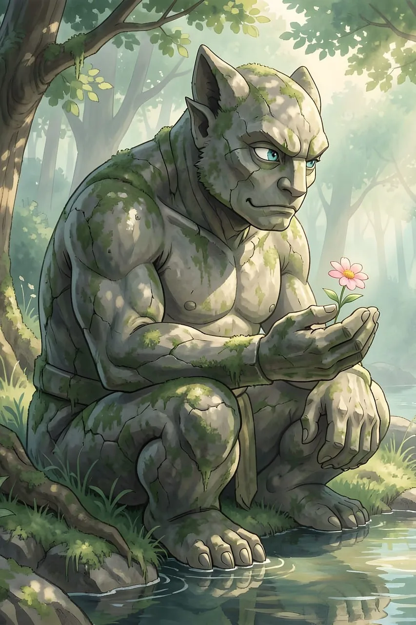 Stone Golem's Gentle Gaze: A Magical Forest Encounter