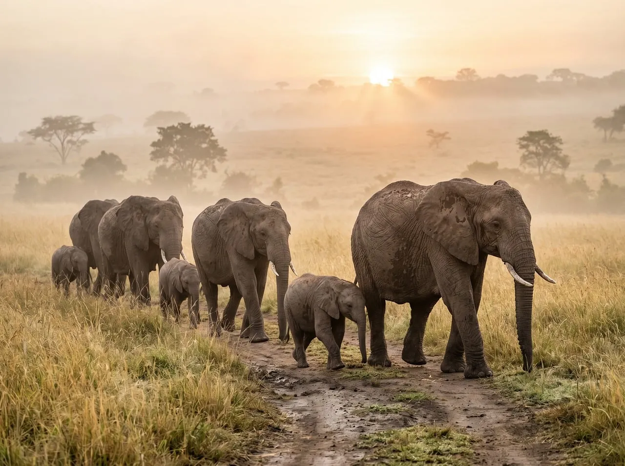 Majestic Elephant Herd Treks Through Golden African Dawn