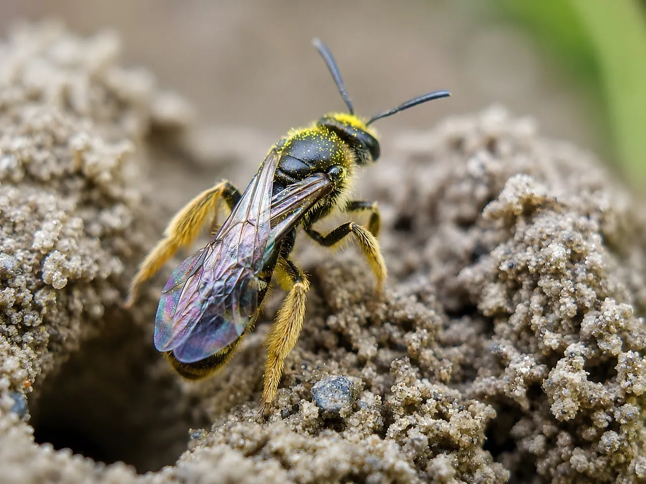 Macro Marvel: Golden Sweat Bee on Sandy Soil