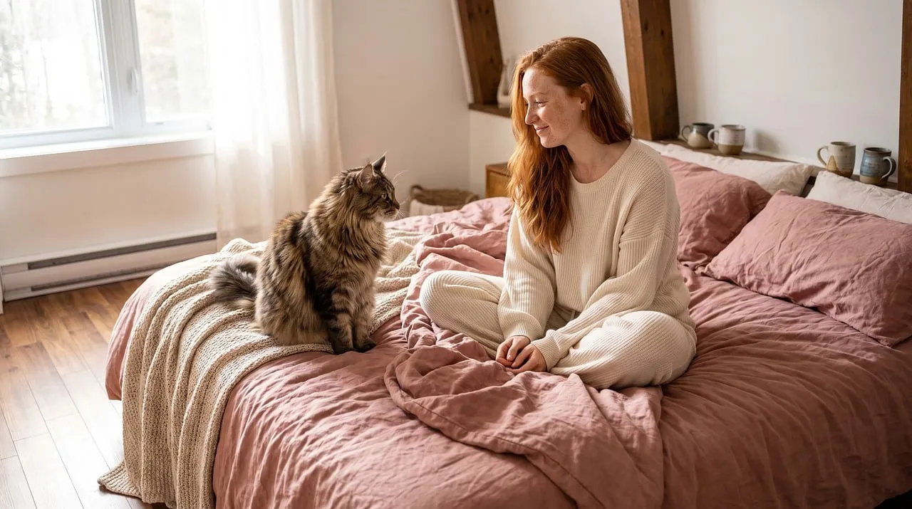 Charming Redhead & Beloved Cat in a Cozy Bedroom