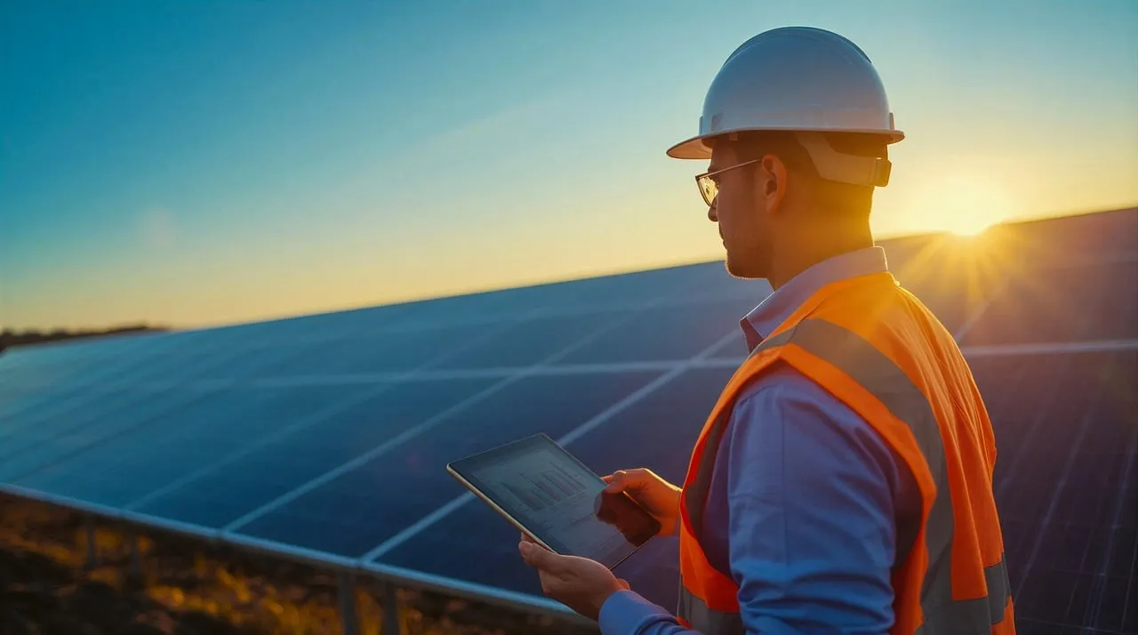 Engineer Optimizing Solar Farm at Sunset for Sustainable Energy