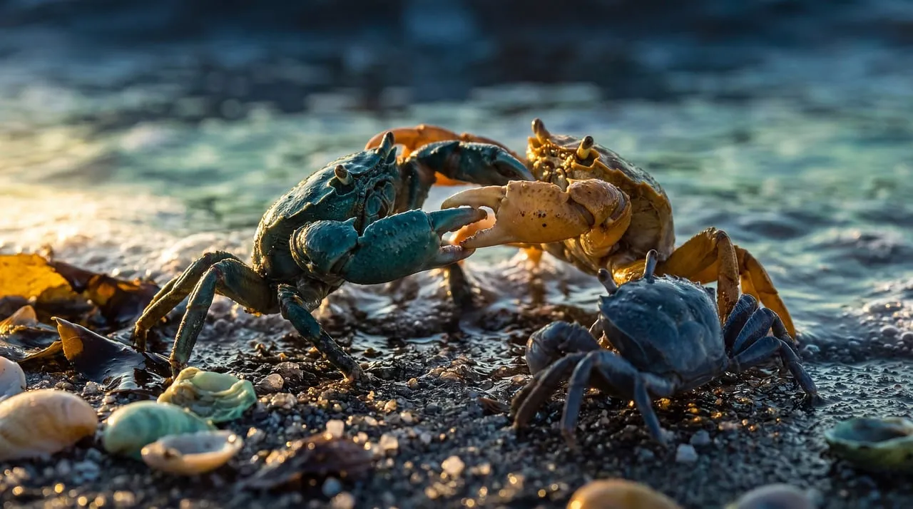 Dramatic Crab Showdown on a Golden Sunset Beach
