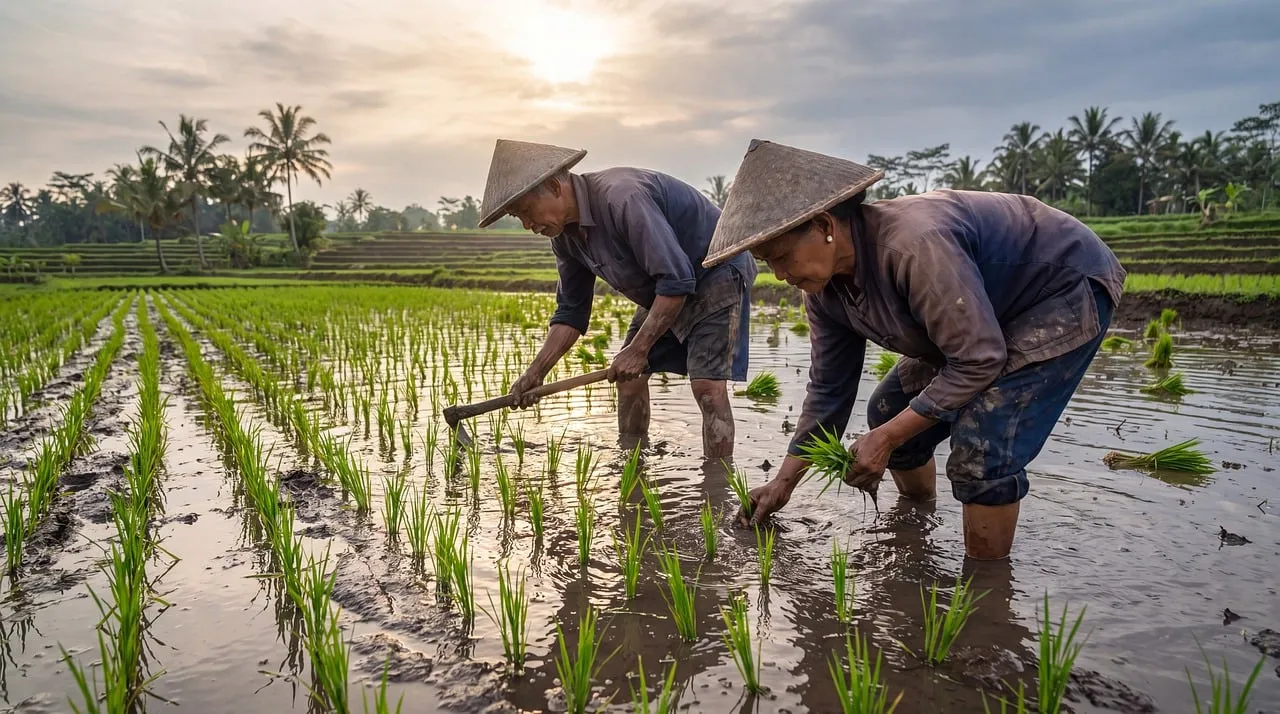 Golden Sunset Illuminates Dedicated Rice Farmers' Labor