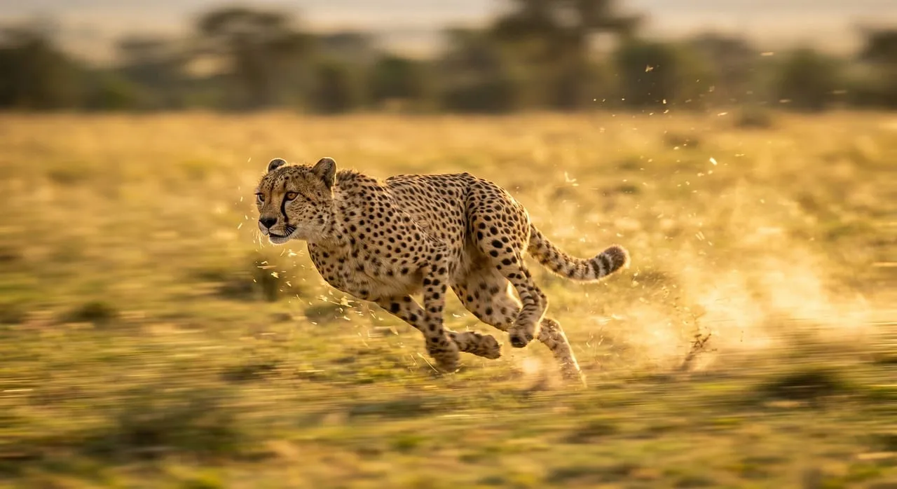 Breathtaking Cheetah in Full Sprint Across Golden Savanna